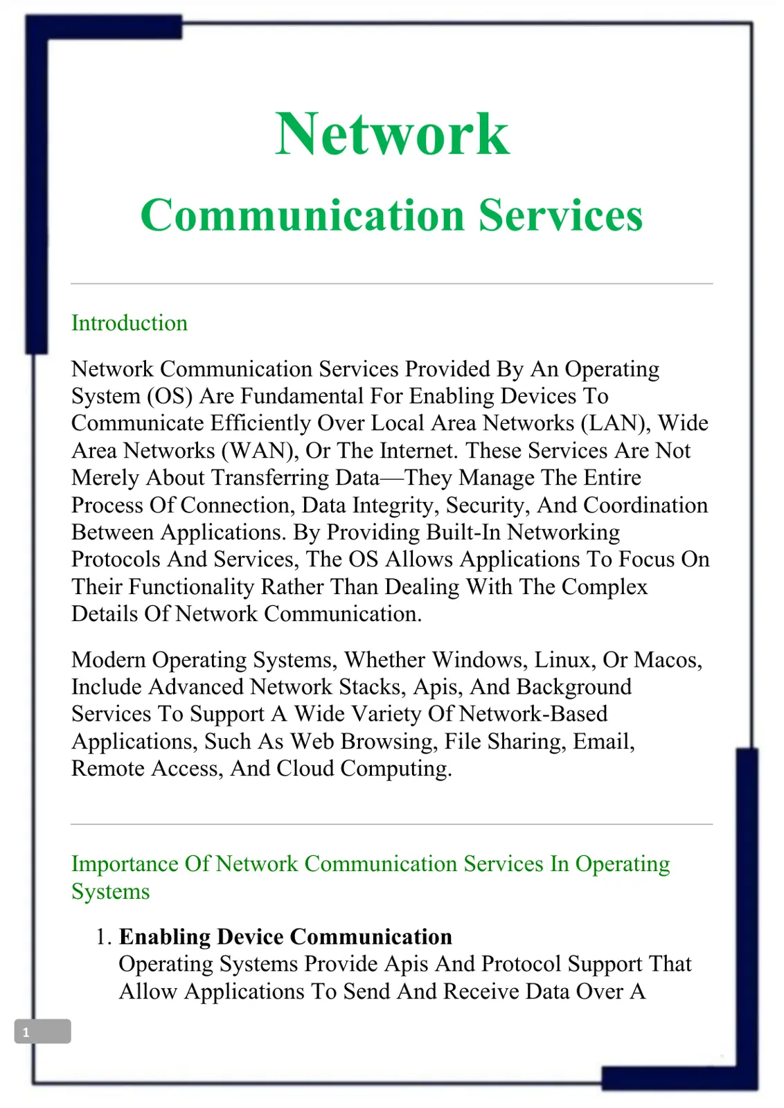 غلاف تقرير Network Communication Services
