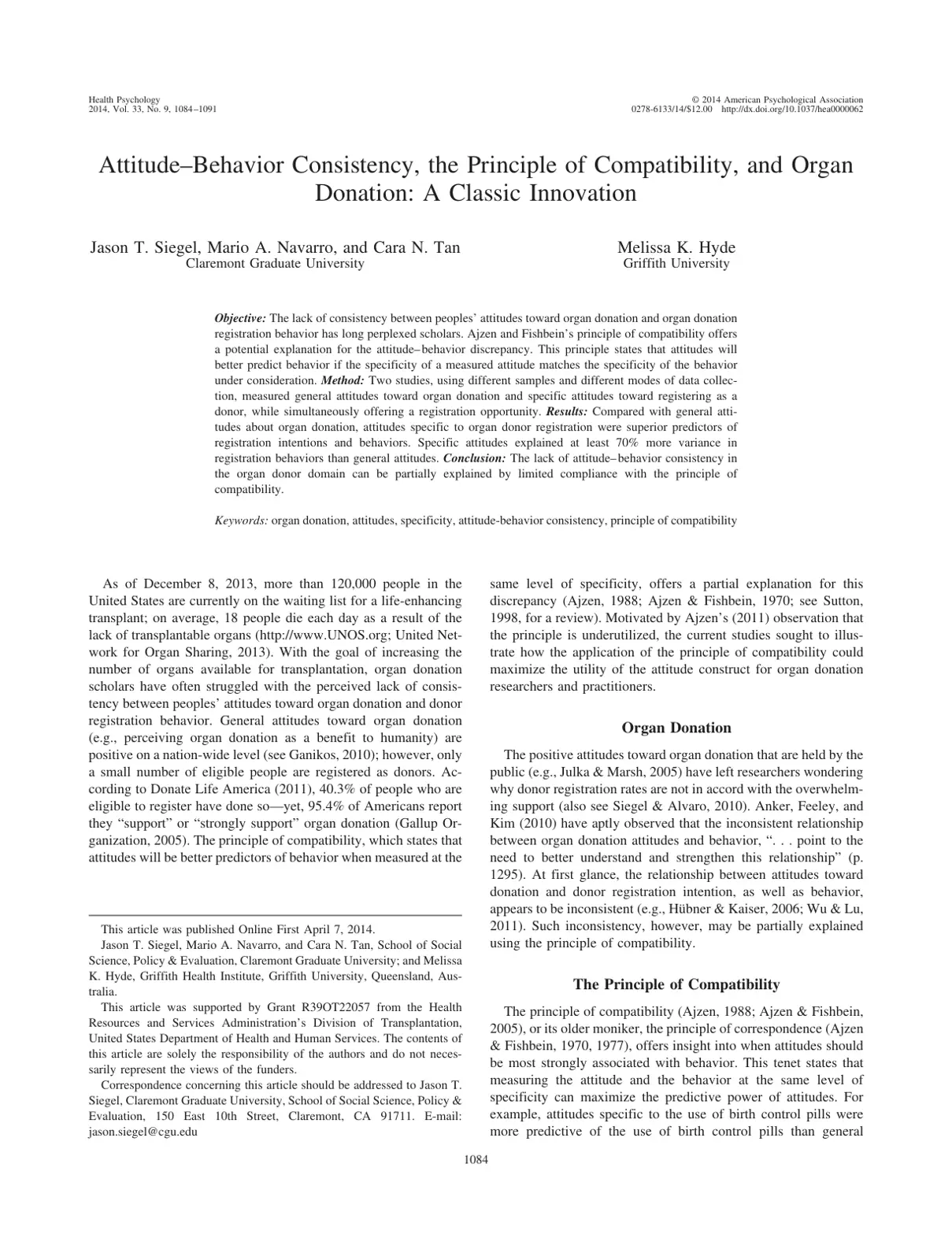 غلاف تقرير Attitude-Behavior Consistency, the Principle of Compatibility, and Organ Donation: A Classic Innovation
