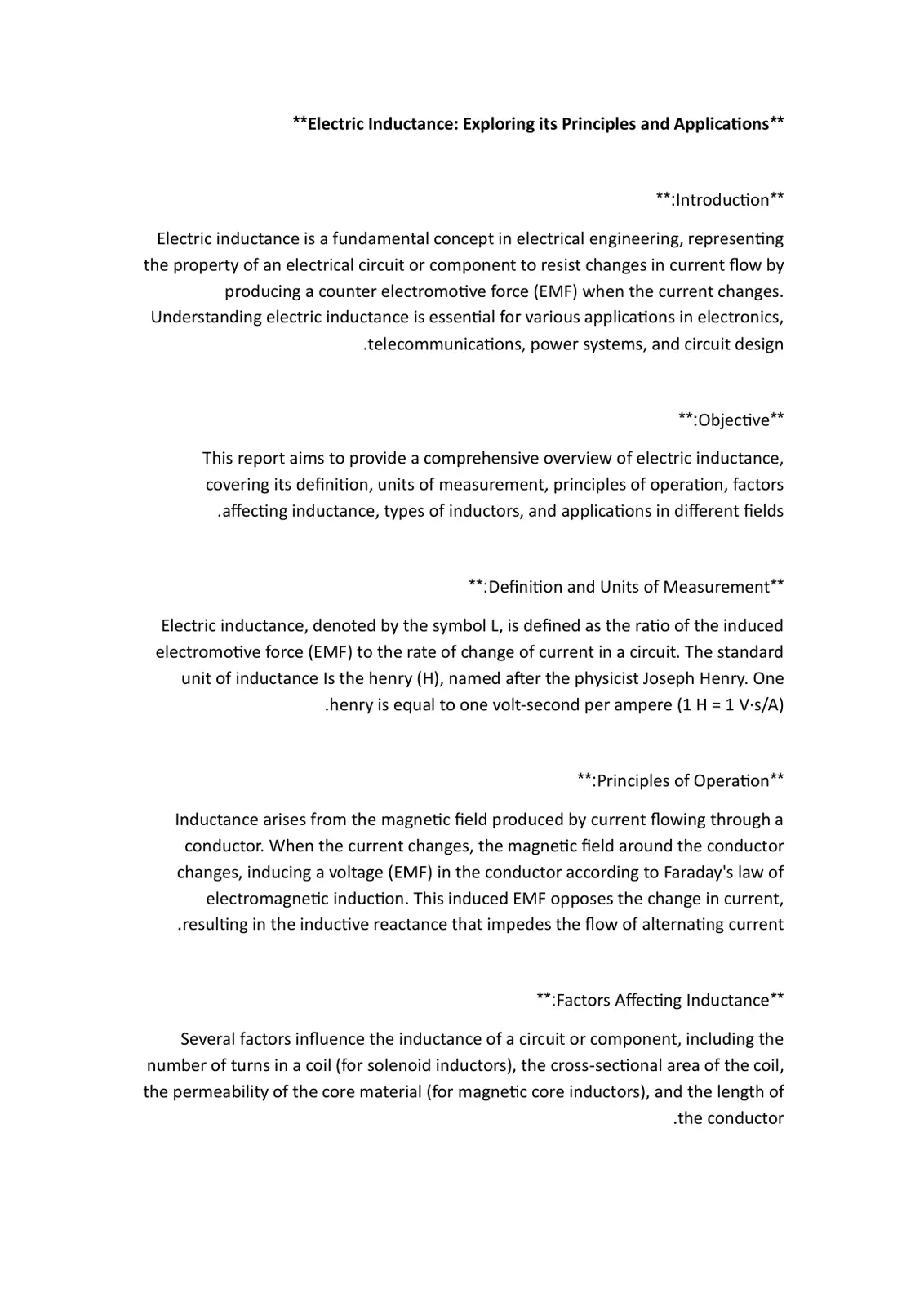 غلاف تقرير Electric Inductance: Exploring its Principles and Applications