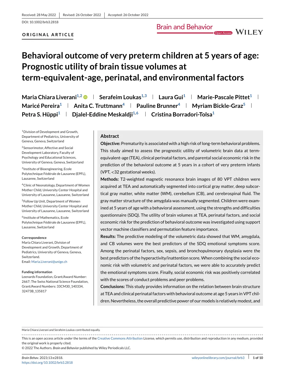 غلاف تقرير Behavioral Outcome of Very Preterm Children at 5 Years of Age: Prognostic Utility of Brain Tissue Volumes at Term-Equivalent-Age, Perinatal, and Environmental Factors