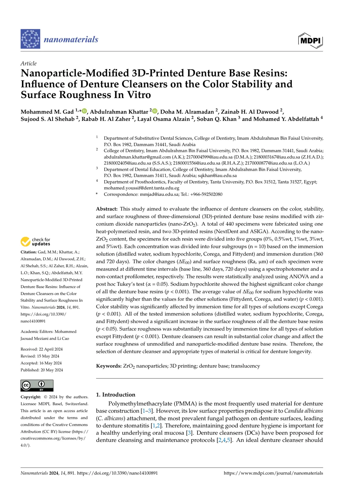 غلاف تقرير Nanoparticle-Modified 3D-Printed Denture Base Resins: Influence of Denture Cleansers on the Color Stability and Surface Roughness In Vitro
