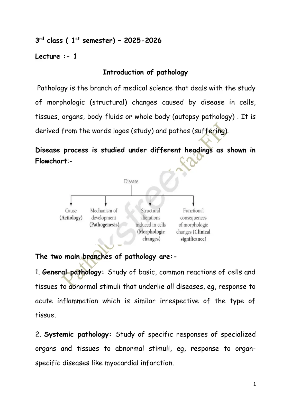 غلاف تقرير Introduction of Pathology - 3rd Class (1st Semester) 2025-2026, Lecture 1