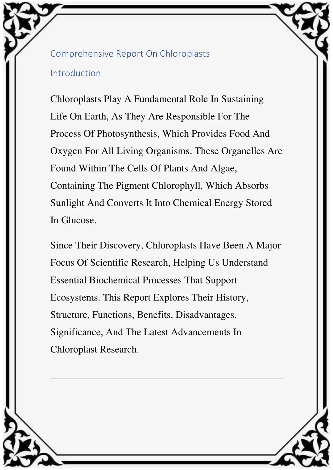 غلاف تقرير Comprehensive Report On Chloroplasts