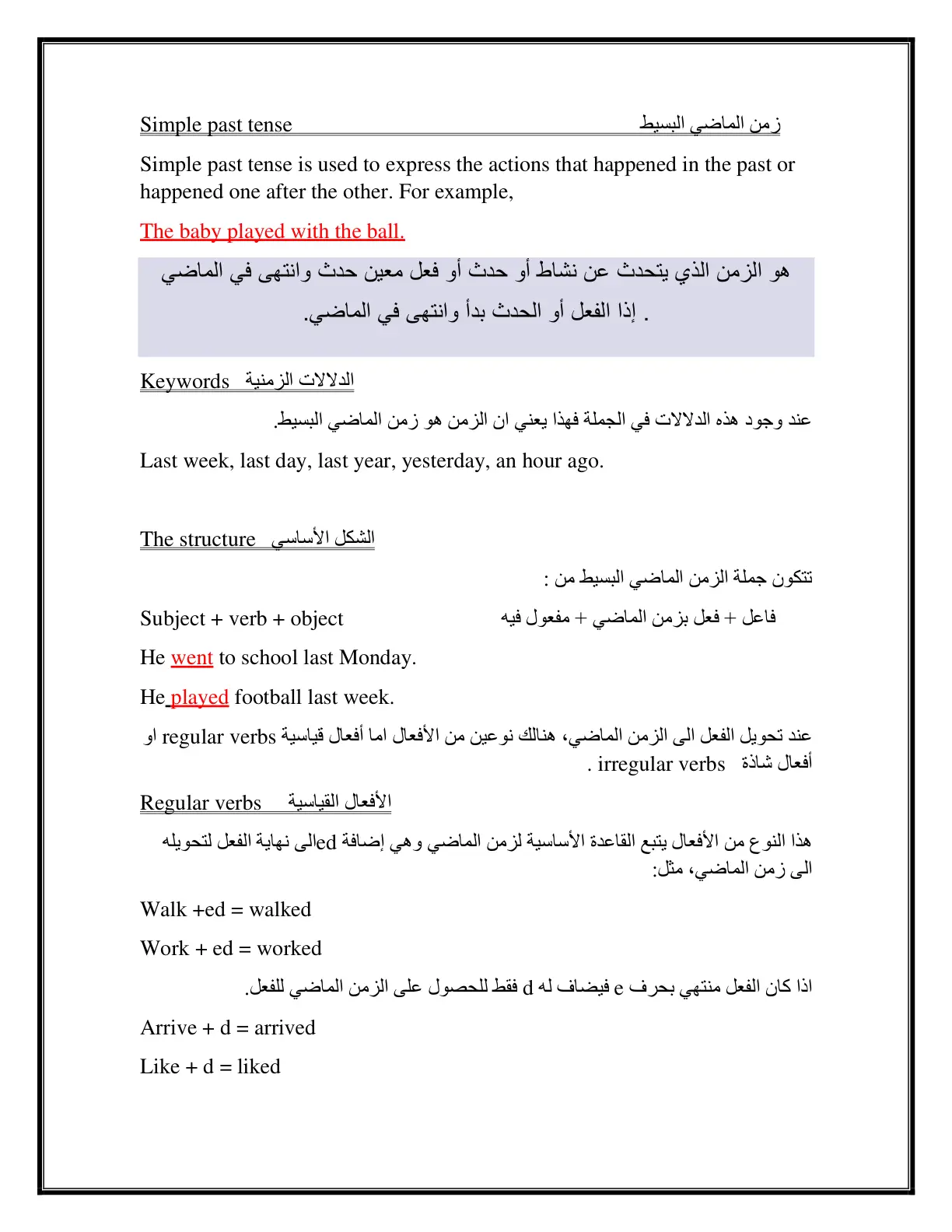 غلاف تقرير Simple past tense / زمن الماضي البسيط