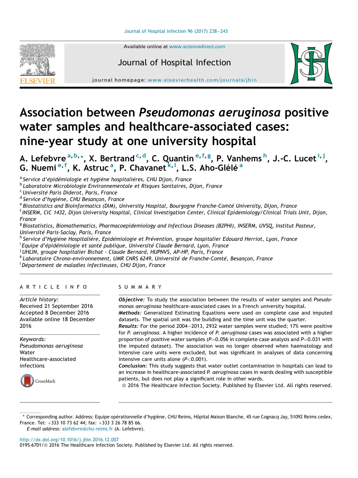 غلاف تقرير Association between Pseudomonas aeruginosa positive water samples and healthcare-associated cases: nine-year study at one university hospital