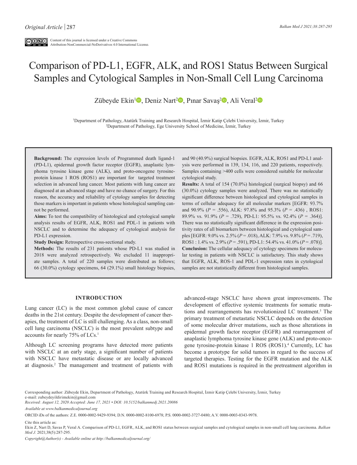 غلاف تقرير Comparison of PD-L1, EGFR, ALK, and ROS1 Status Between Surgical Samples and Cytological Samples in Non-Small Cell Lung Carcinoma