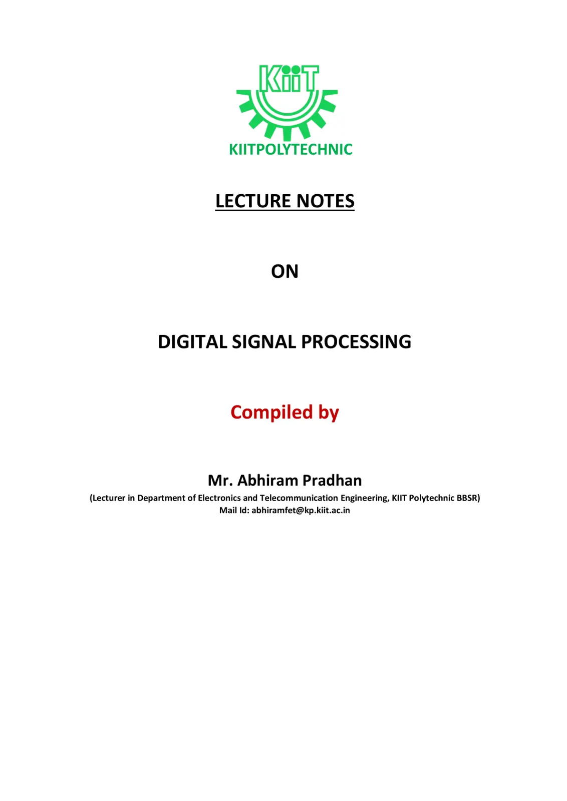 غلاف تقرير LECTURE NOTES ON DIGITAL SIGNAL PROCESSING