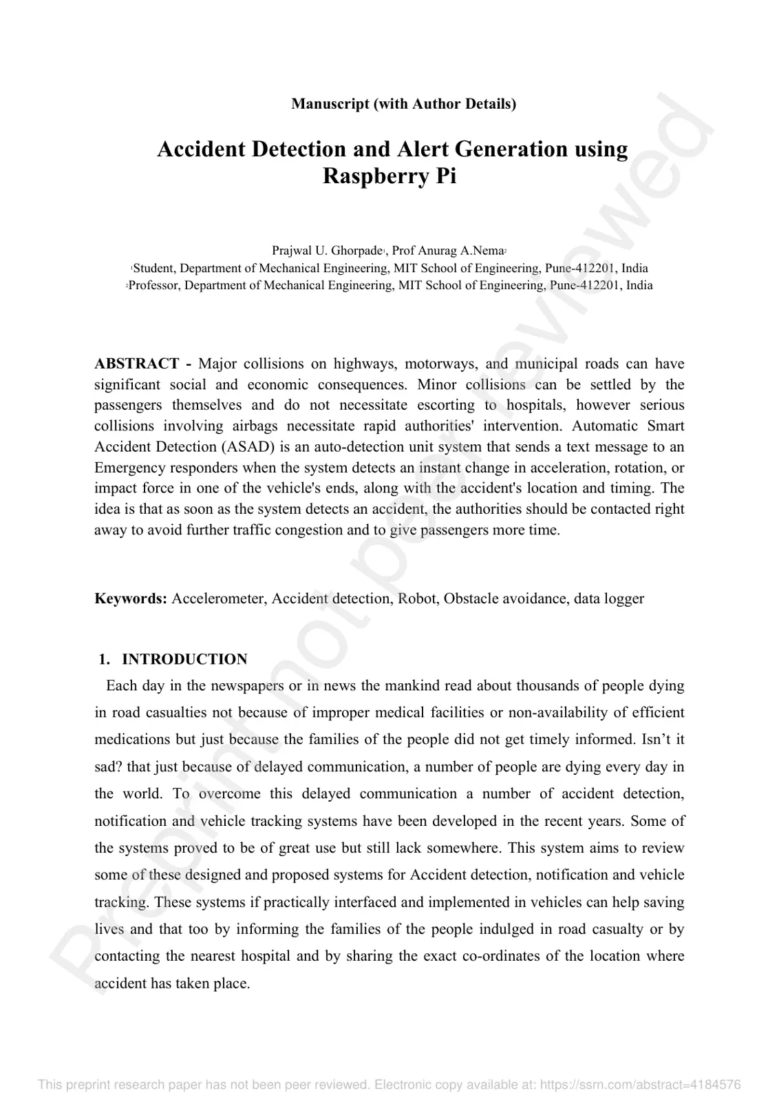 غلاف تقرير Accident Detection and Alert Generation using Raspberry Pi