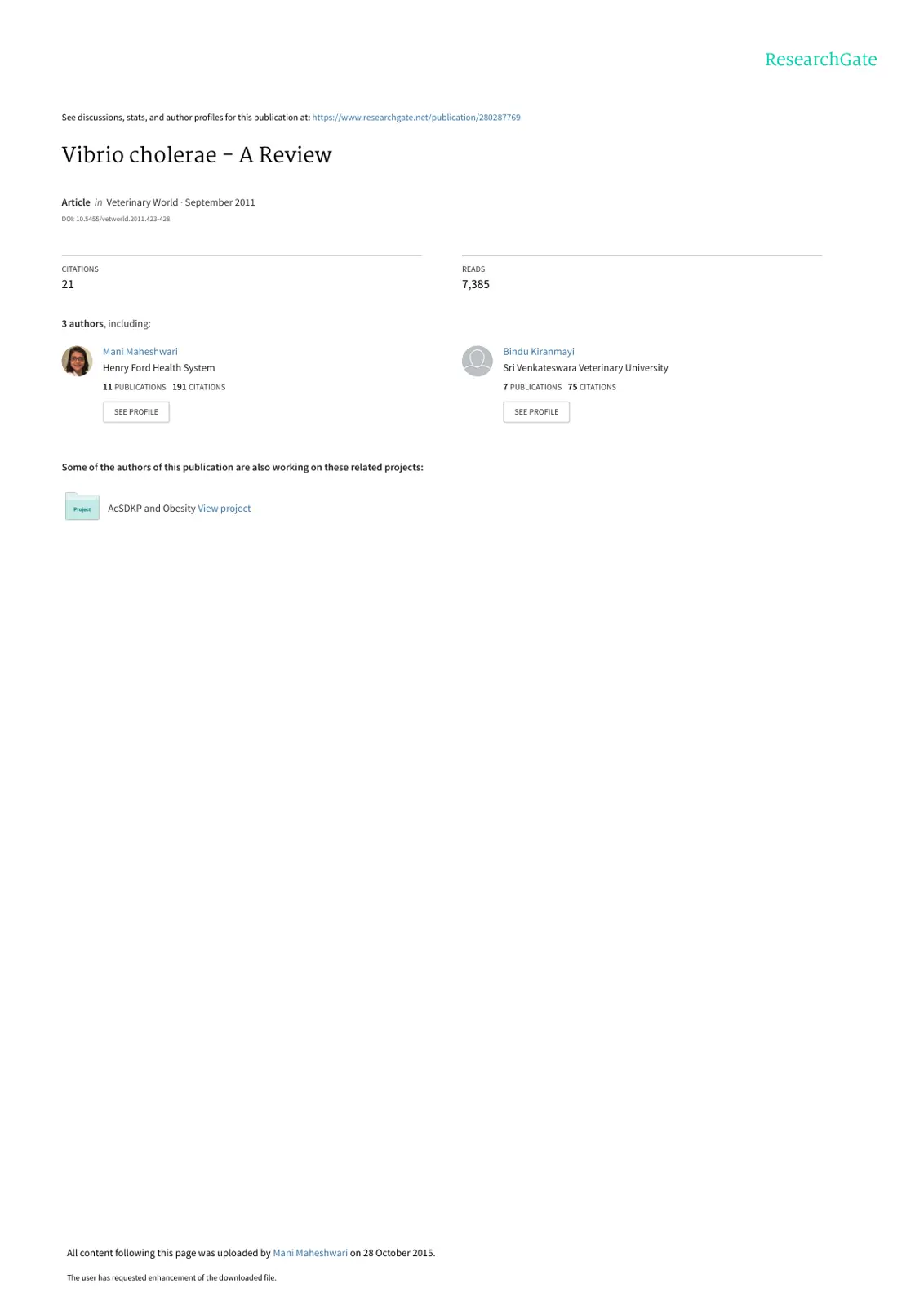غلاف تقرير Vibrio cholerae - A Review
