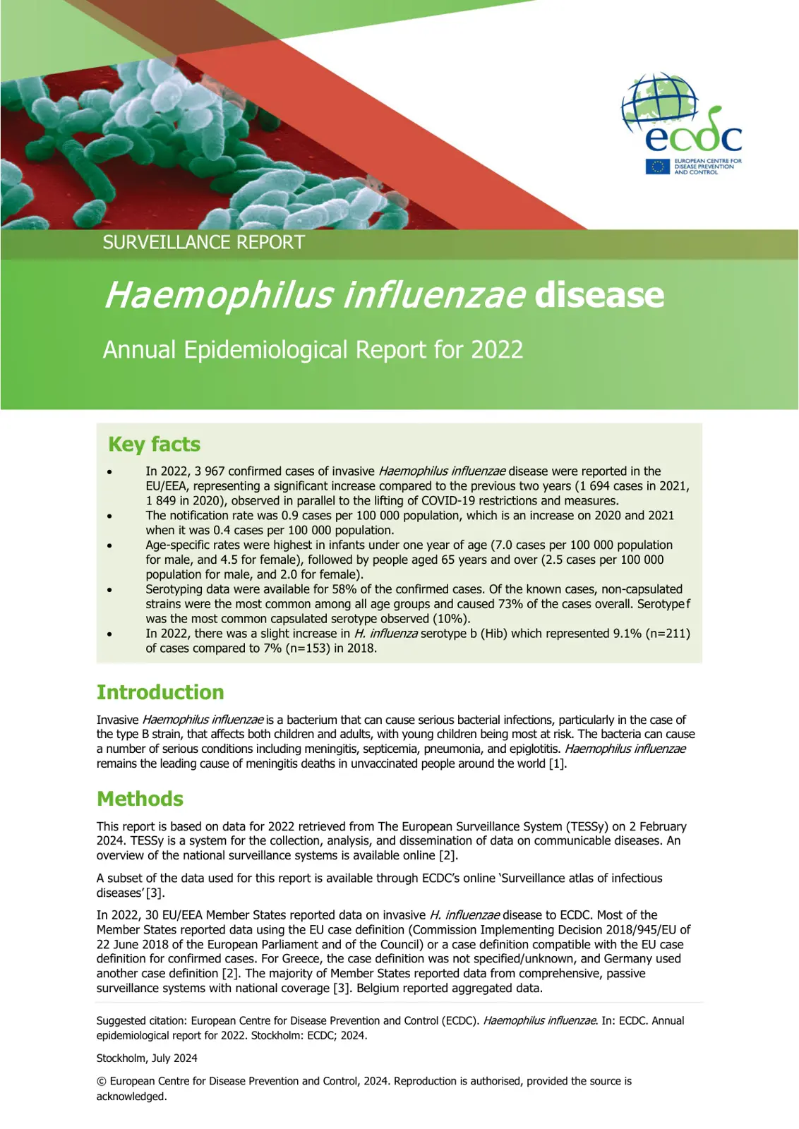غلاف تقرير Haemophilus influenzae disease Annual Epidemiological Report for 2022