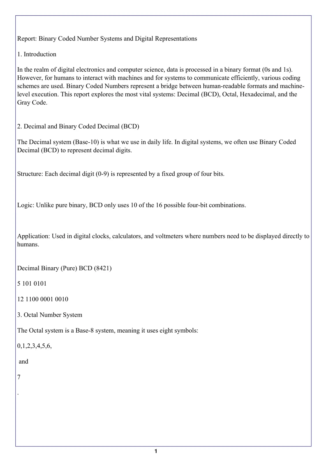 غلاف تقرير Binary Coded Number Systems and Digital Representations