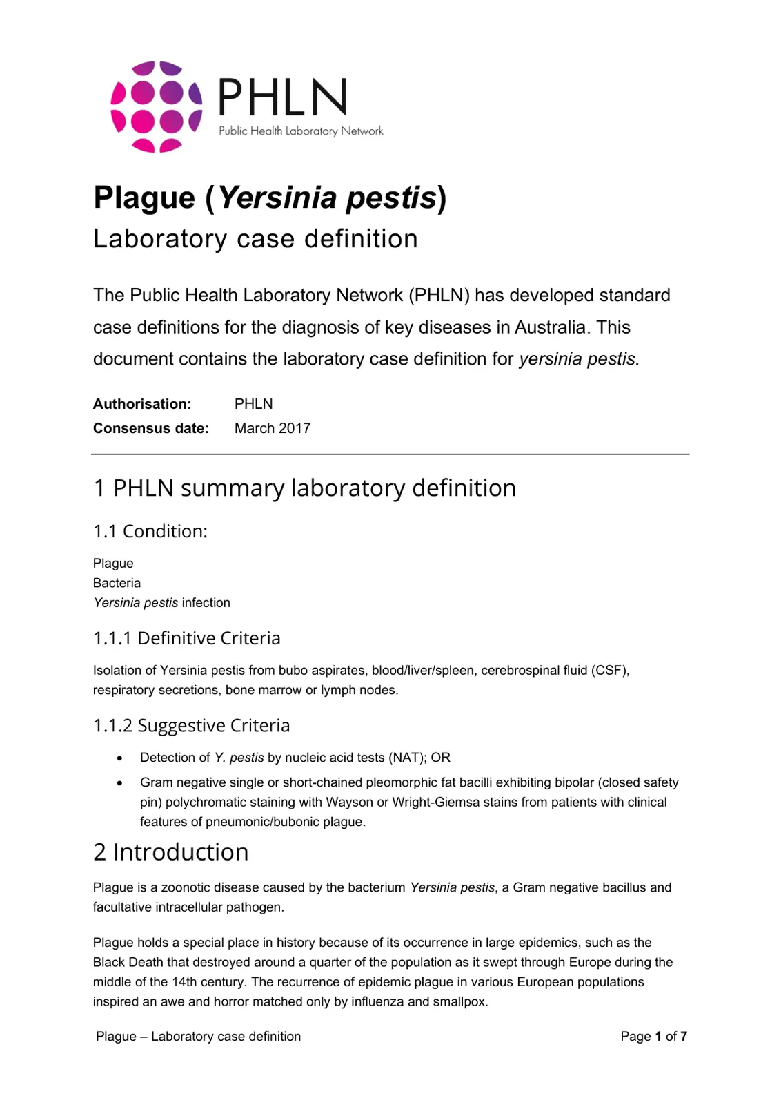 غلاف تقرير Plague (Yersinia pestis) Laboratory Case Definition