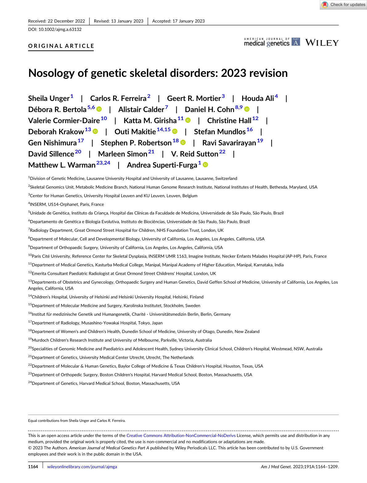 غلاف تقرير Nosology of Genetic Skeletal Disorders: 2023 Revision