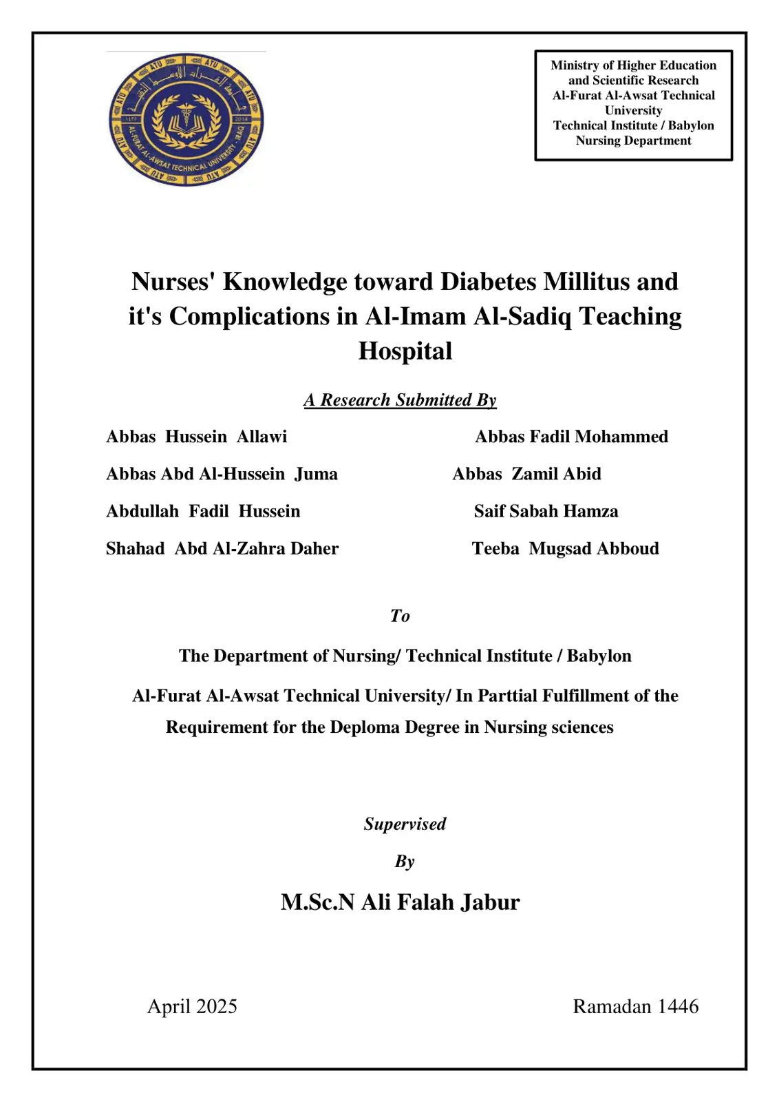 غلاف تقرير Nurses' Knowledge toward Diabetes Mellitus and its Complications