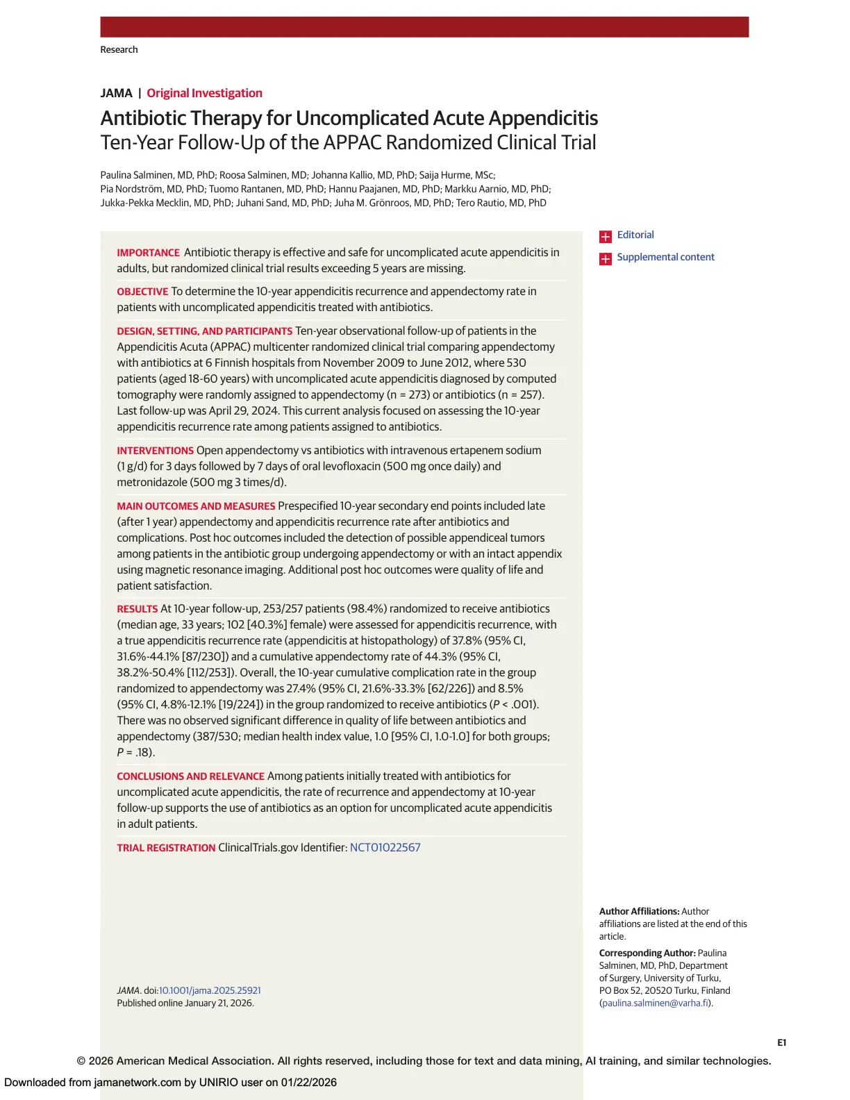 غلاف تقرير Antibiotic Therapy for Uncomplicated Acute Appendicitis: Ten-Year Follow-Up of the APPAC Randomized Clinical Trial