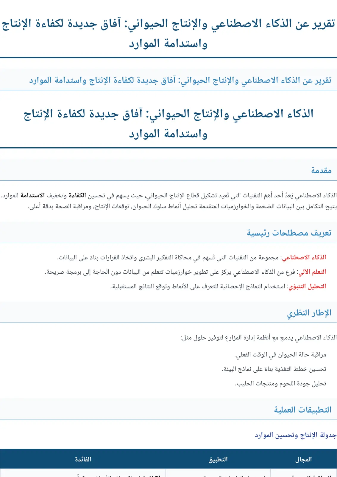 غلاف تقرير ذكاء اصطناعي و إنتاج حيواني: آفاق جديدة لكفاءة الإنتاج و استدامة الموارد