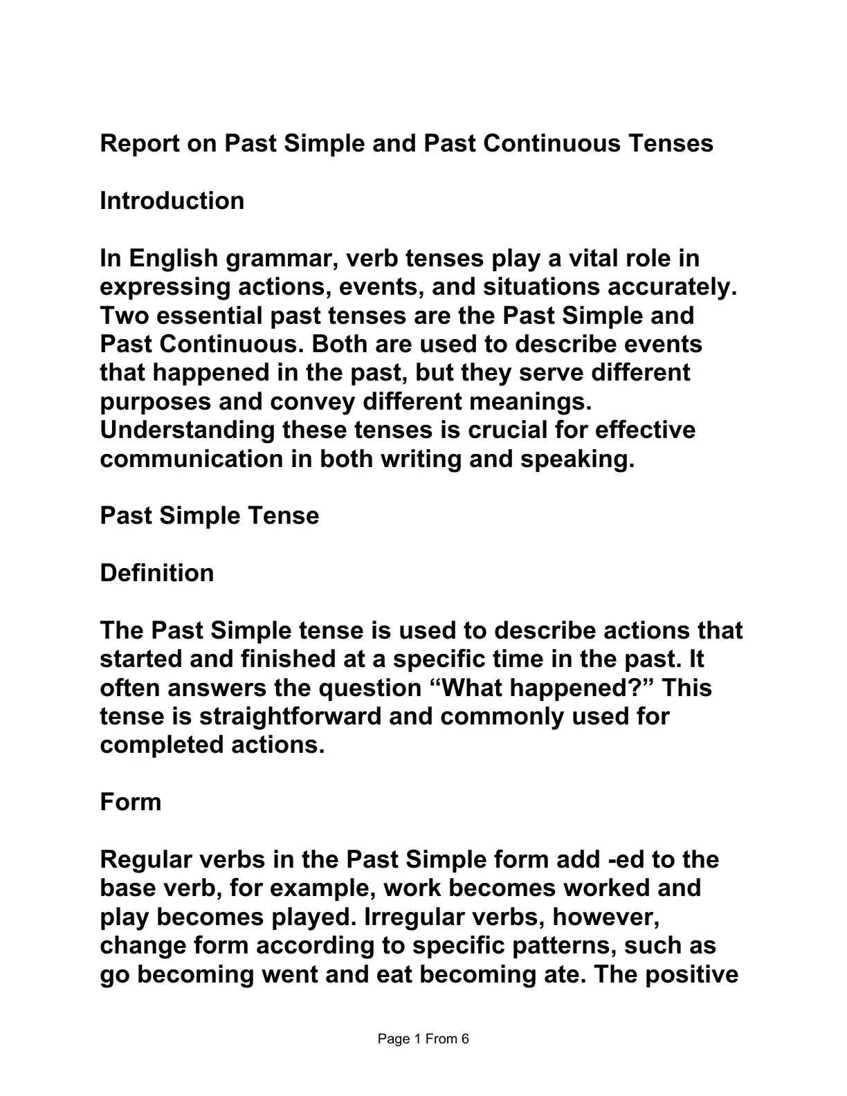 غلاف تقرير Report on Past Simple and Past Continuous Tenses