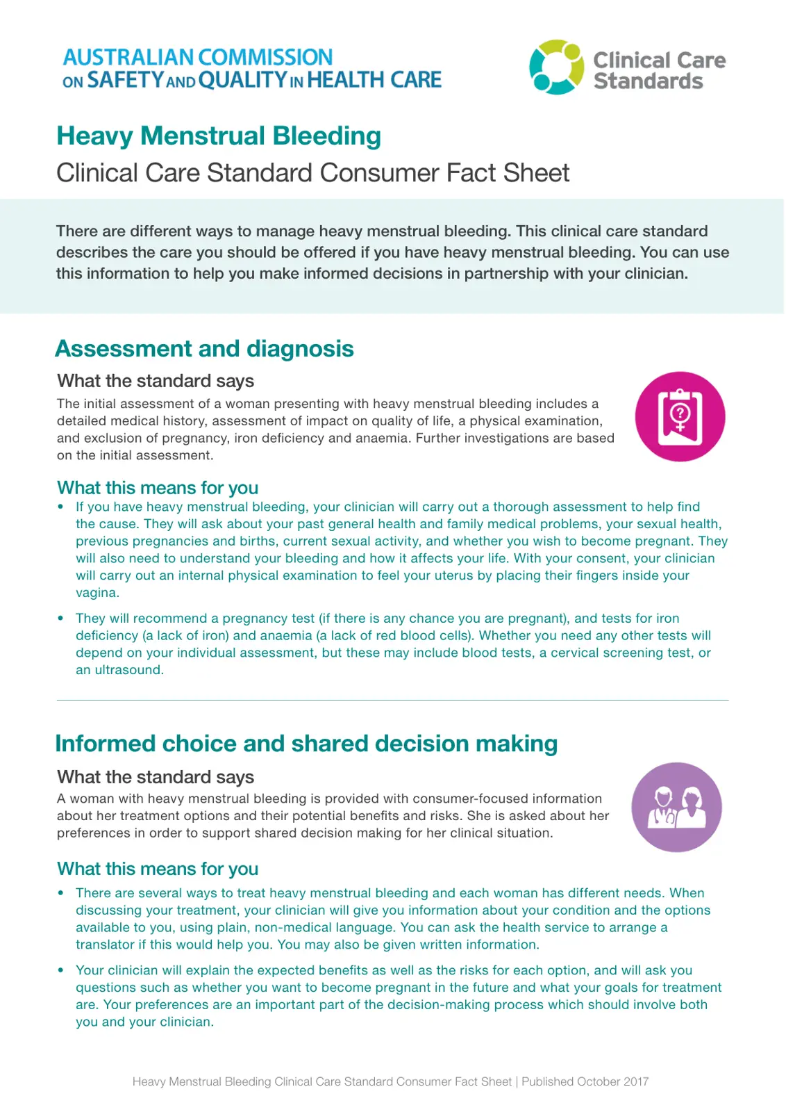 غلاف تقرير Heavy Menstrual Bleeding Clinical Care Standard Consumer Fact Sheet