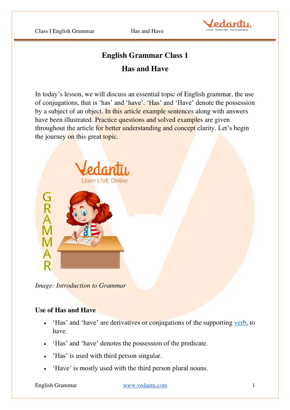 غلاف تقرير English Grammar Class 1: Has and Have