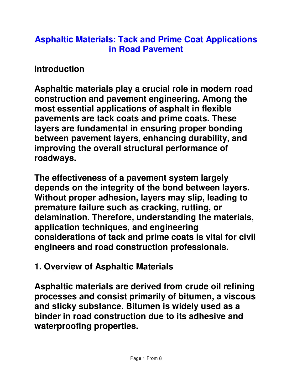 غلاف تقرير Asphaltic Materials: Tack and Prime Coat Applications in Road Pavement