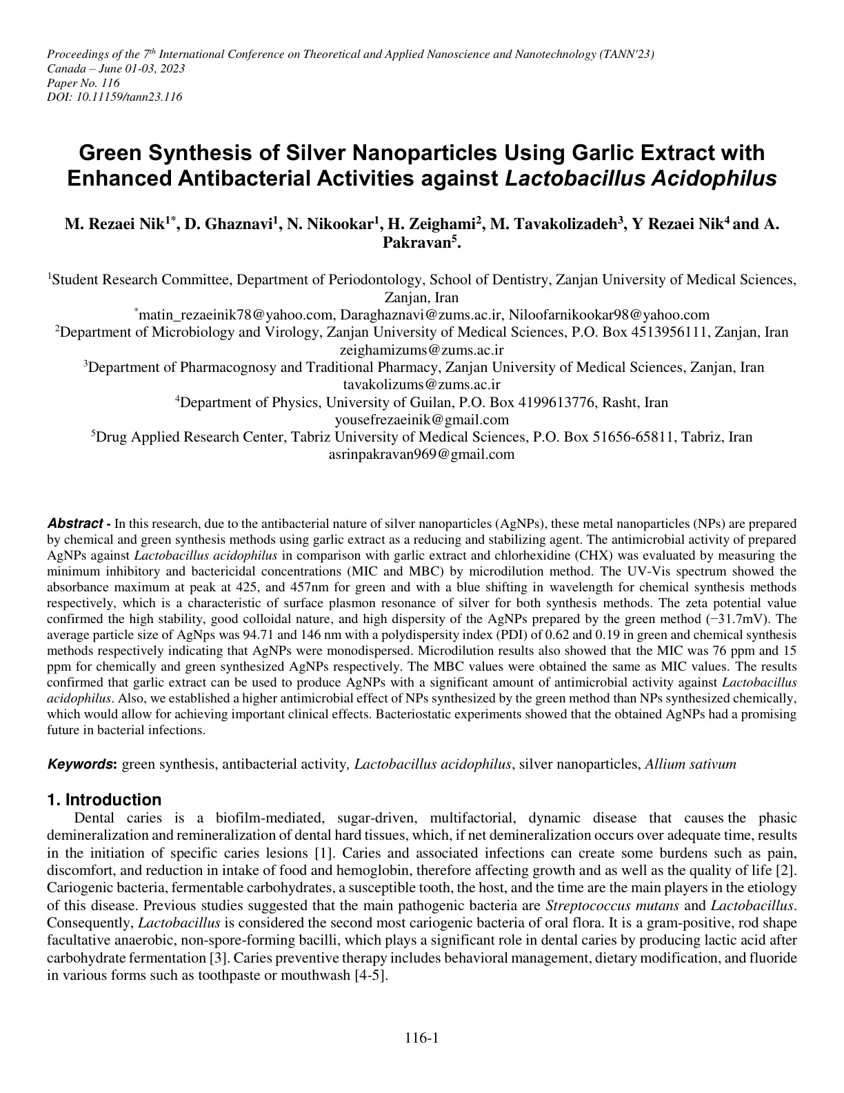 غلاف تقرير Green Synthesis of Silver Nanoparticles Using Garlic Extract with Enhanced Antibacterial Activities against Lactobacillus Acidophilus