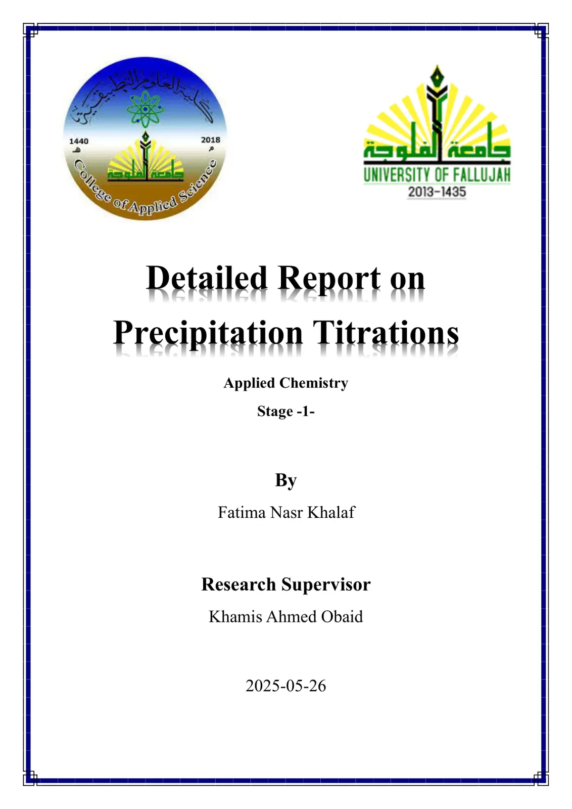 غلاف تقرير Detailed Report on Precipitation Titrations - Applied Chemistry Stage 1