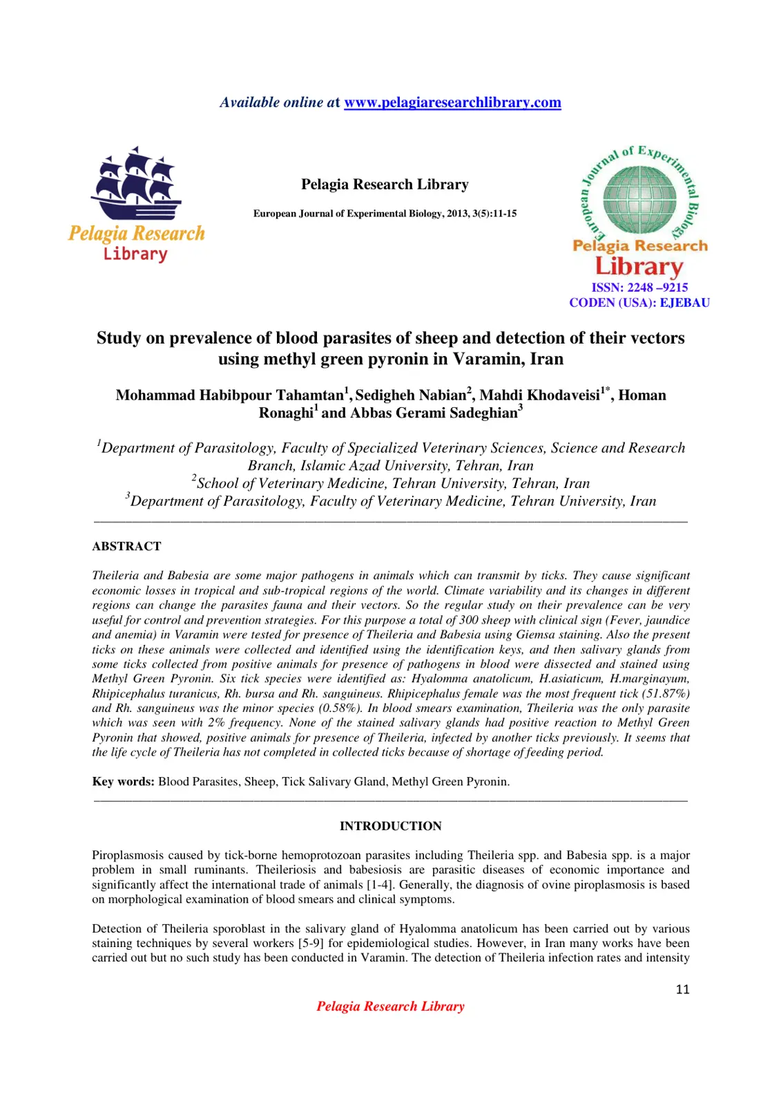 غلاف تقرير Study on prevalence of blood parasites of sheep and detection of their vectors using methyl green pyronin in Varamin, Iran