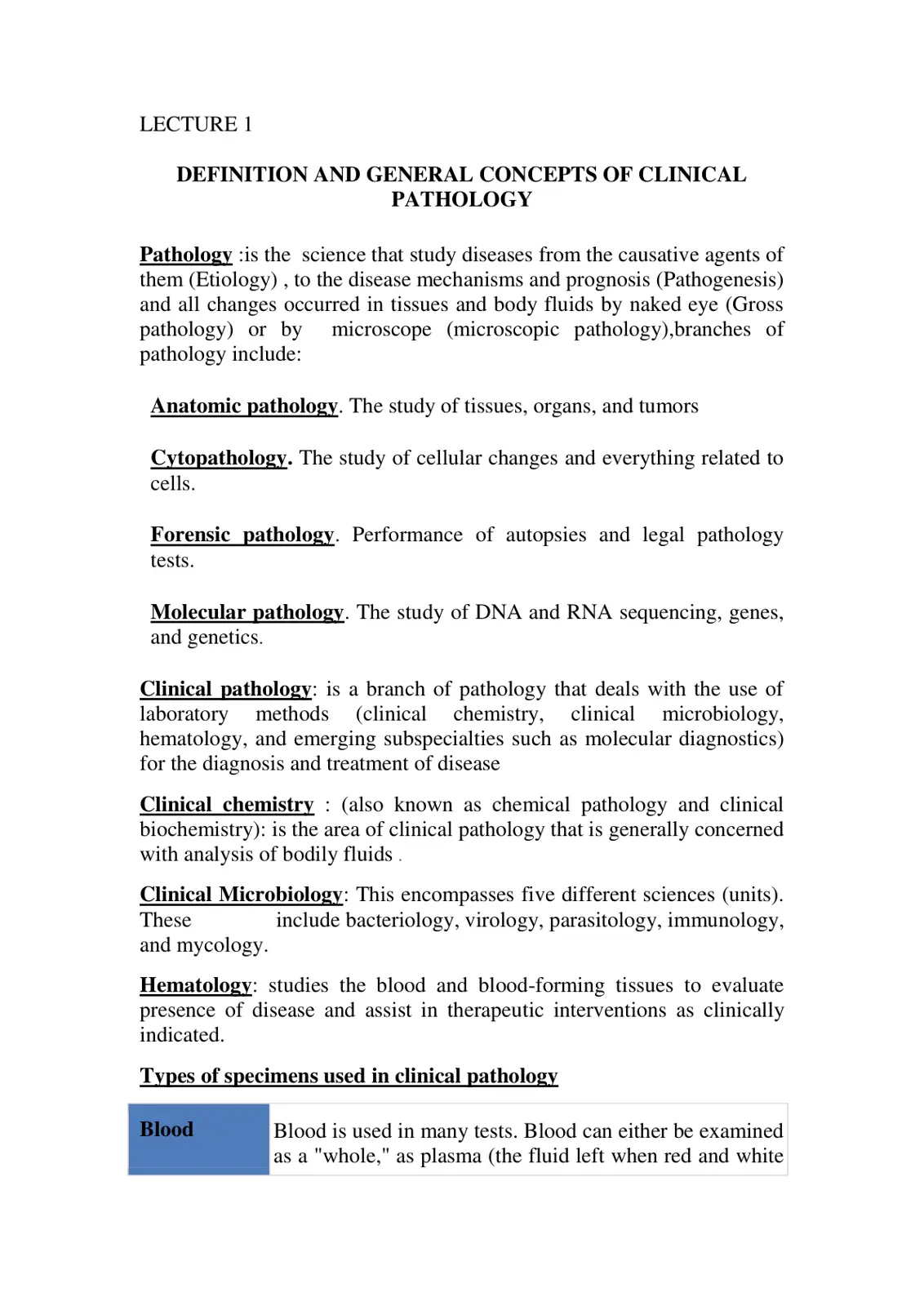غلاف تقرير DEFINITION AND GENERAL CONCEPTS OF CLINICAL PATHOLOGY