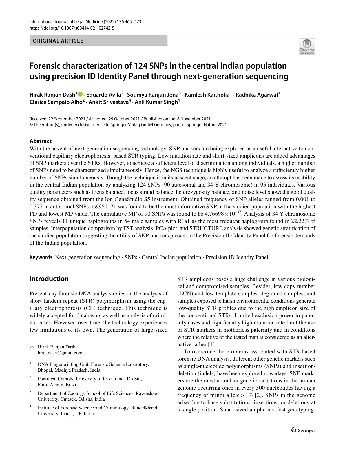غلاف تقرير Forensic characterization of 124 SNPs in the central Indian population using precision ID Identity Panel through next-generation sequencing