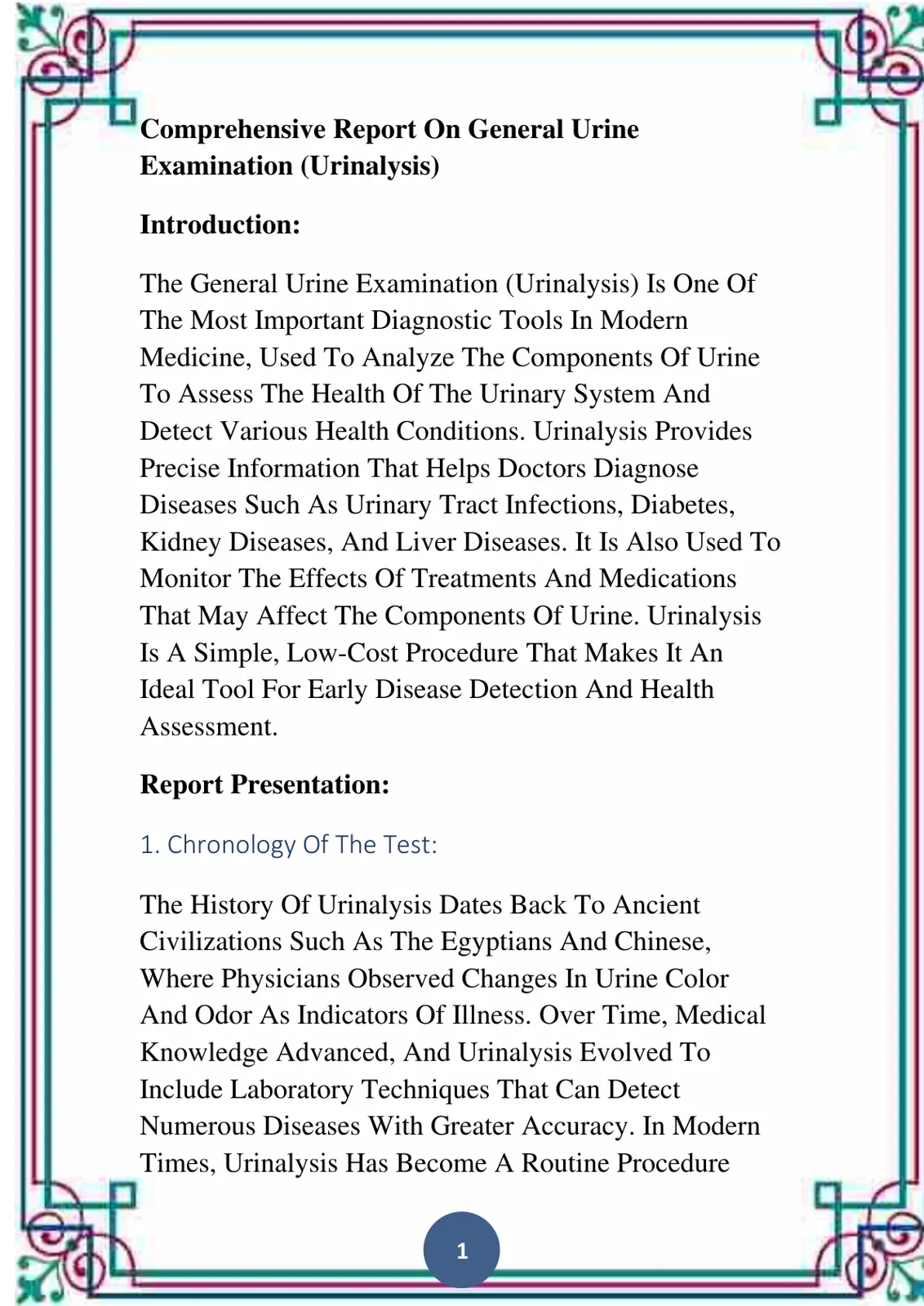 غلاف تقرير Comprehensive Report On General Urine Examination (Urinalysis)