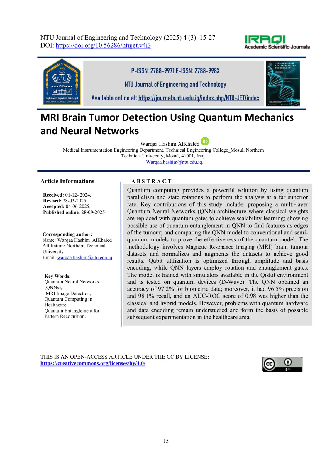 غلاف تقرير MRI Brain Tumor Detection Using Quantum Mechanics and Neural Networks