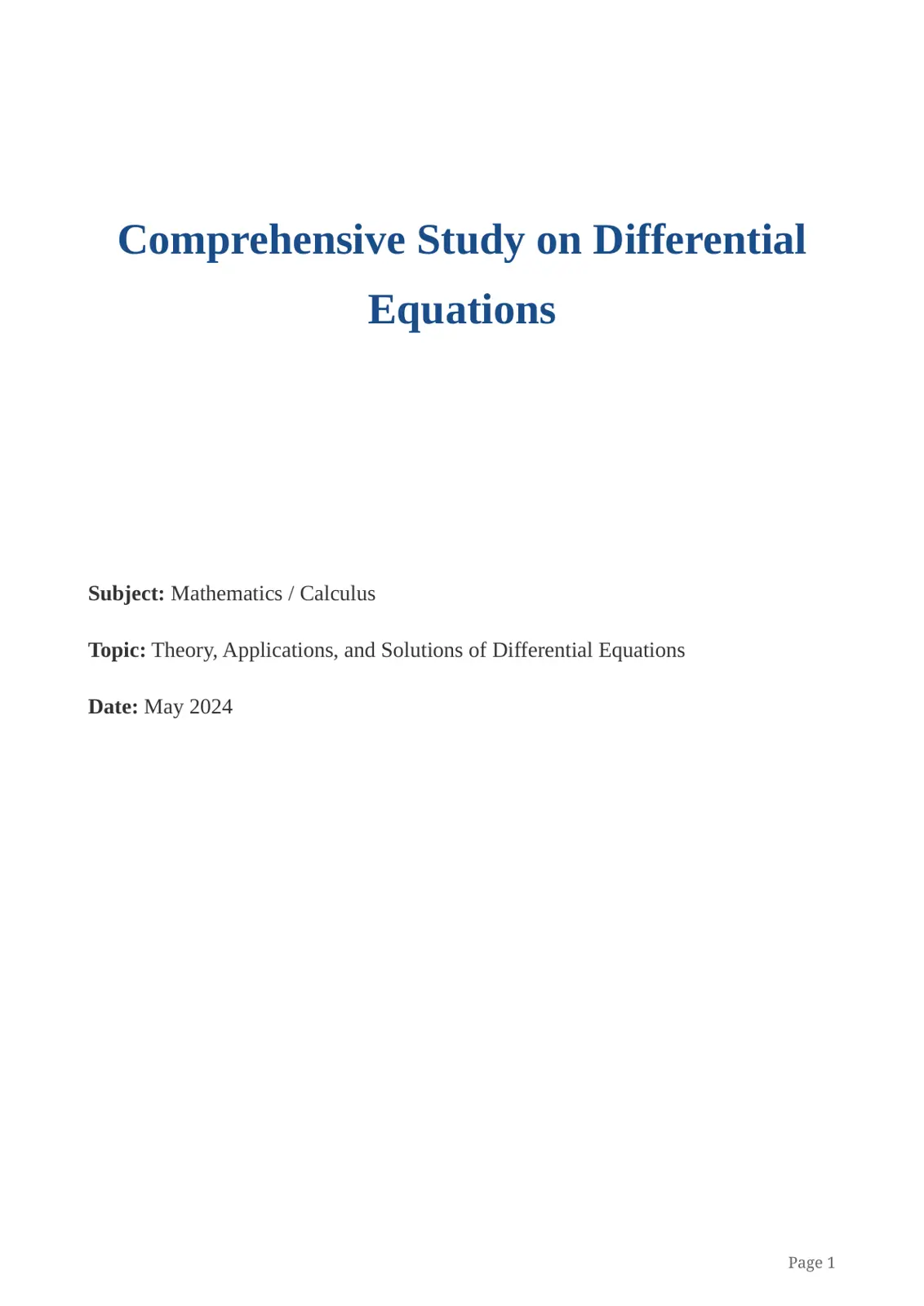 غلاف تقرير Comprehensive Study on Differential Equations