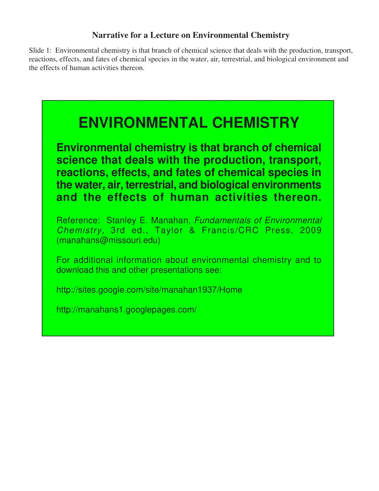 غلاف تقرير Narrative for a Lecture on Environmental Chemistry