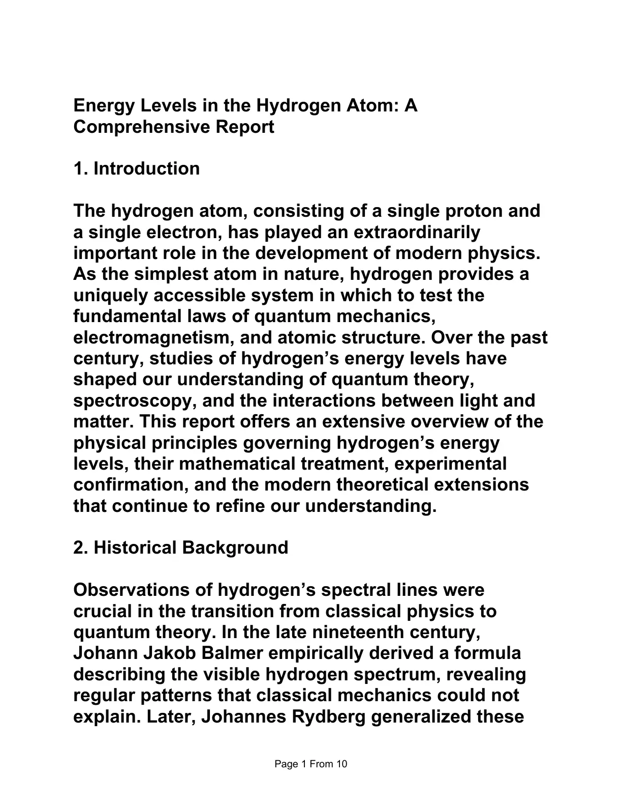 غلاف تقرير Energy Levels in the Hydrogen Atom: A Comprehensive Report