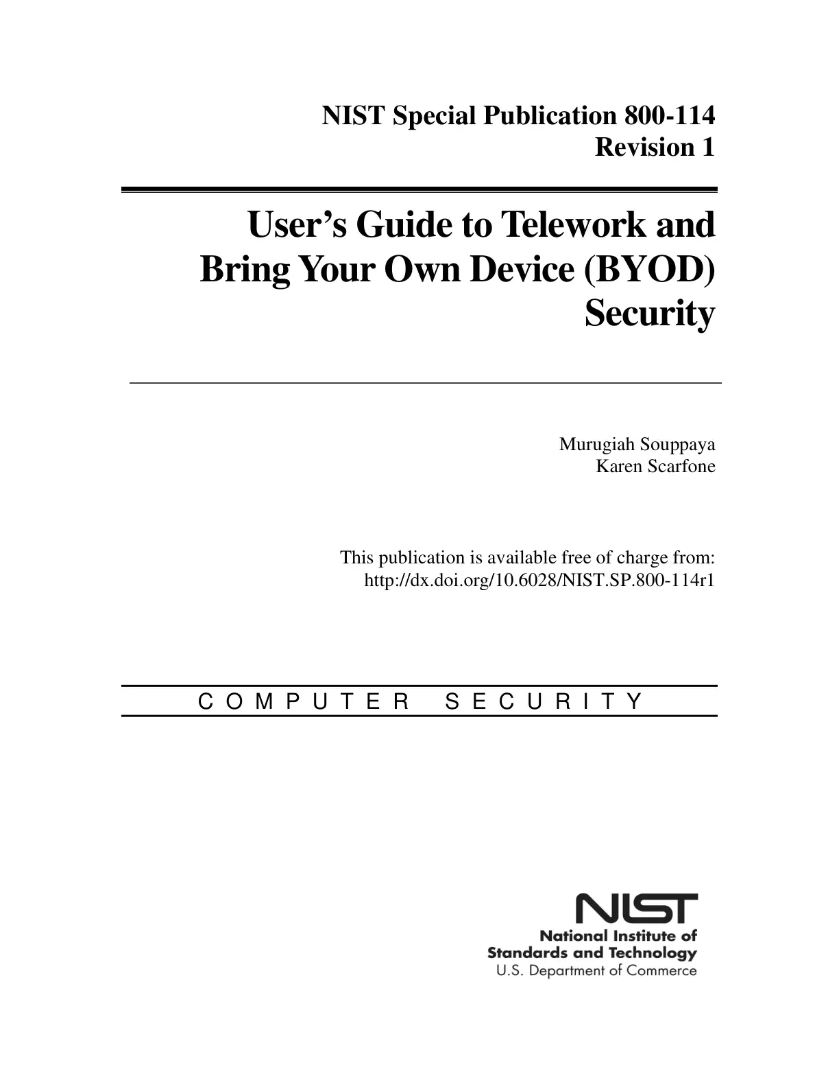 غلاف تقرير NIST Special Publication 800-114 Revision 1 - User's Guide to Telework and Bring Your Own Device (BYOD) Security