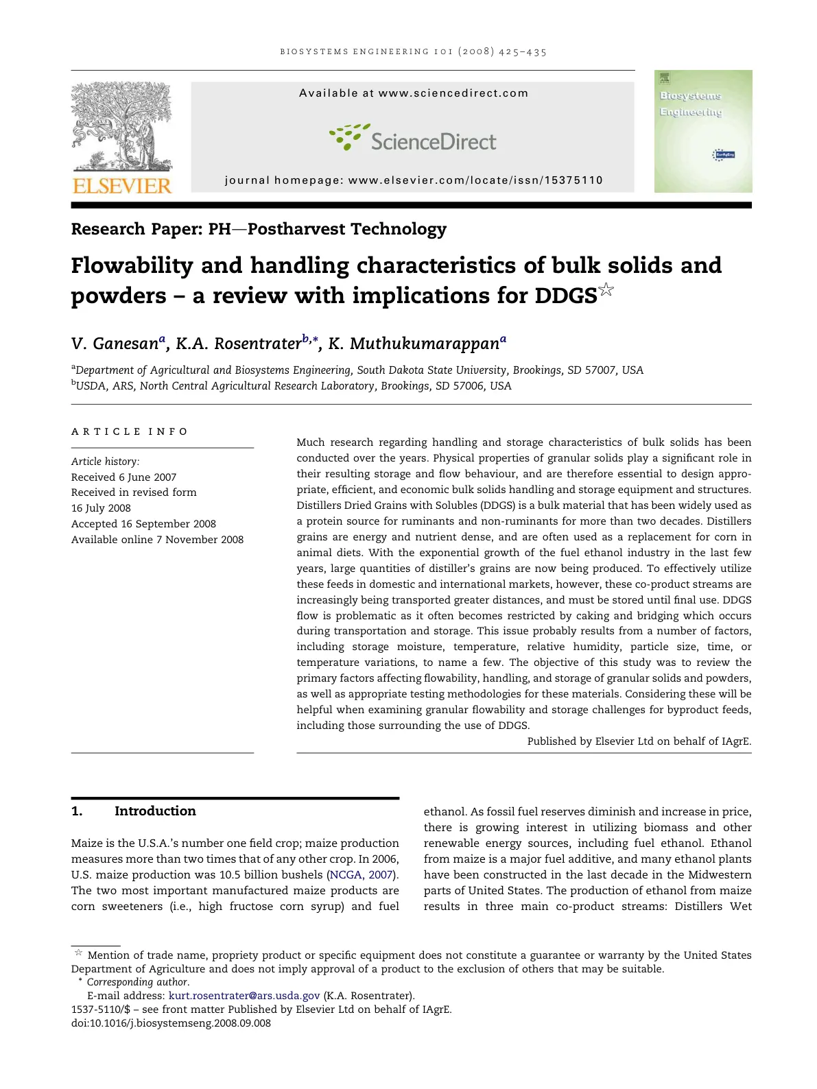 غلاف تقرير Flowability and handling characteristics of bulk solids and powders a review with implications for DDGS*