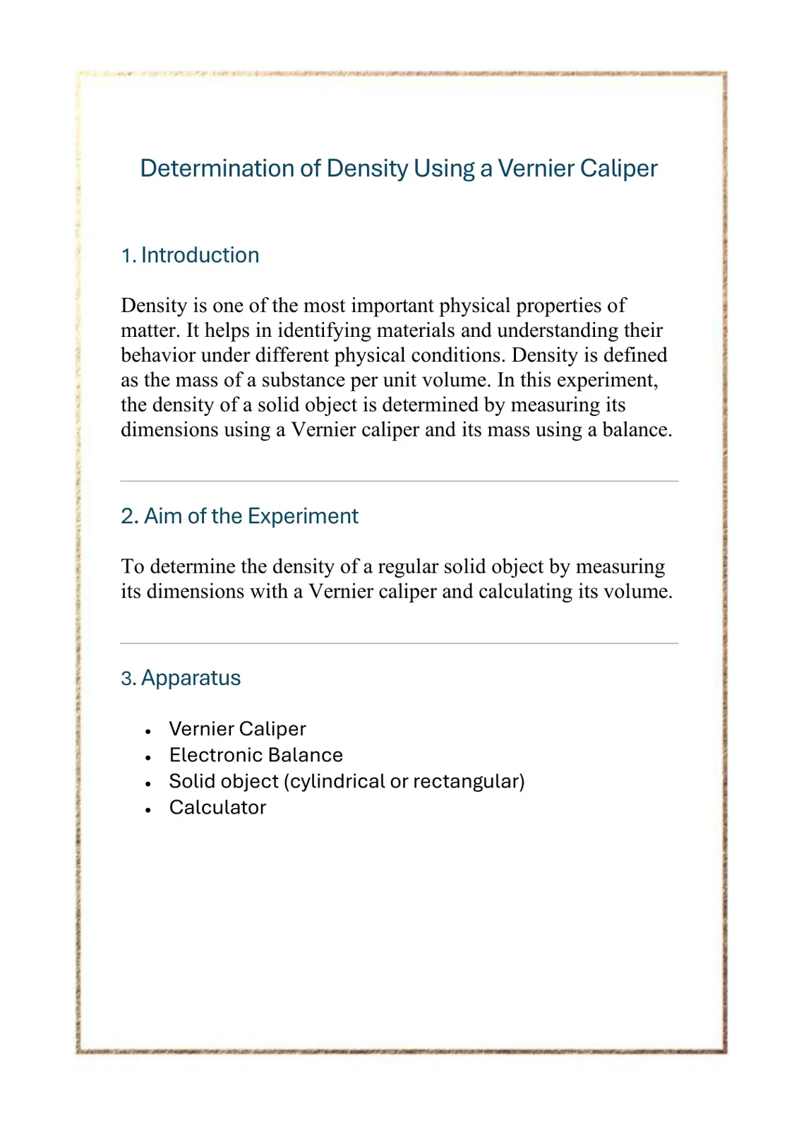 غلاف تقرير Determination of Density Using a Vernier Caliper