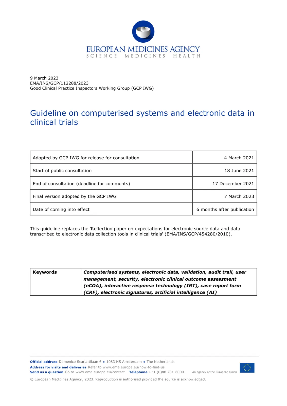 غلاف تقرير EMA Guideline on Computerised Systems and Electronic Data in Clinical Trials