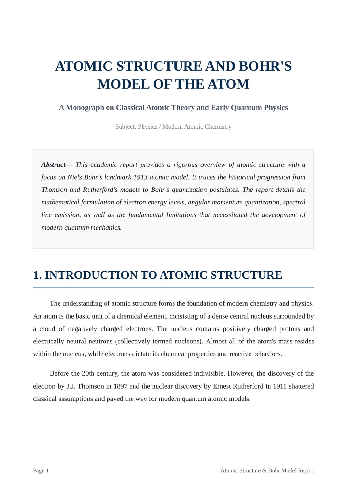 غلاف تقرير ATOMIC STRUCTURE AND BOHR'S MODEL OF THE ATOM