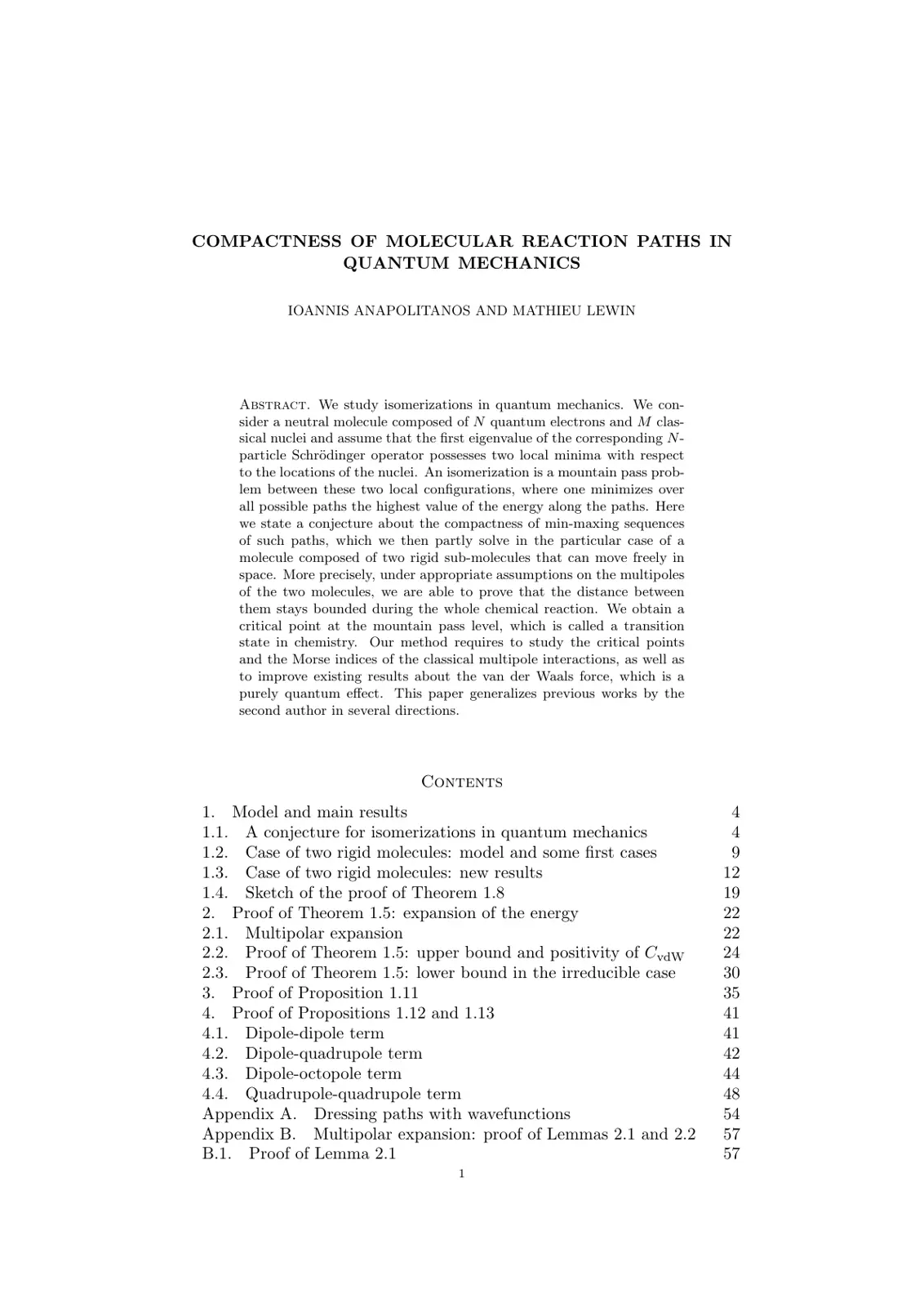 غلاف تقرير Compactness of Molecular Reaction Paths in Quantum Mechanics