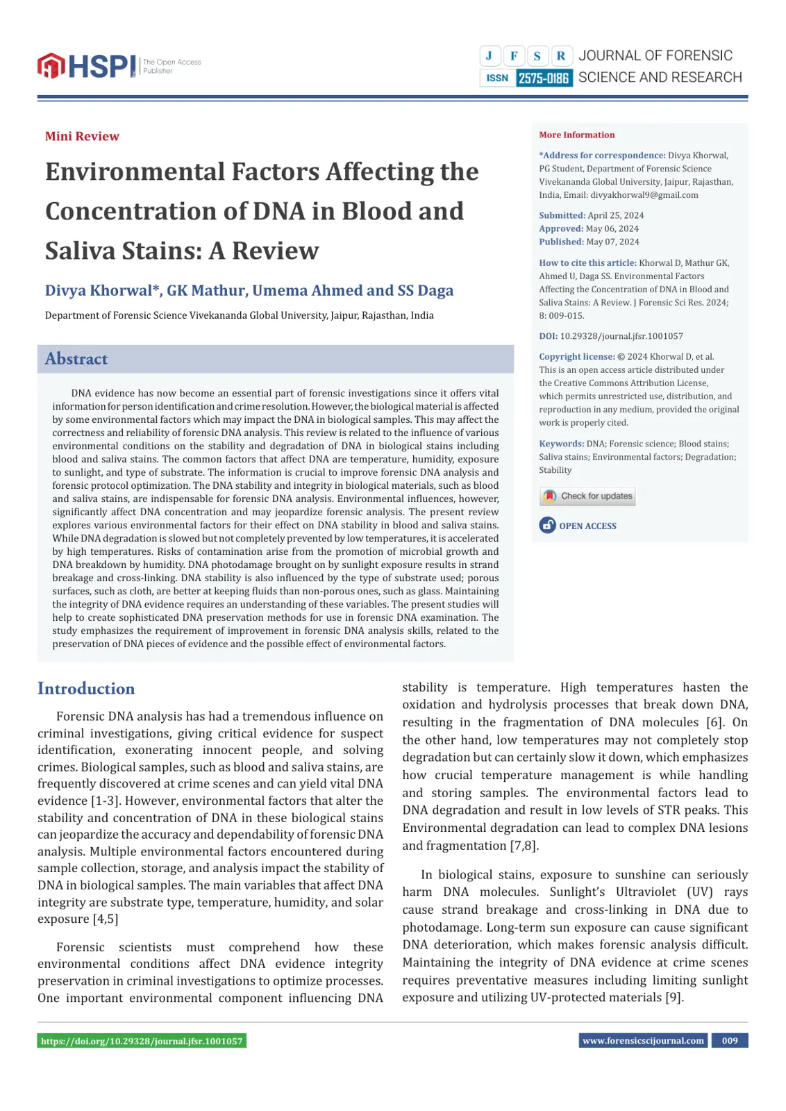 غلاف تقرير Environmental Factors Affecting the Concentration of DNA in Blood and Saliva Stains: A Review