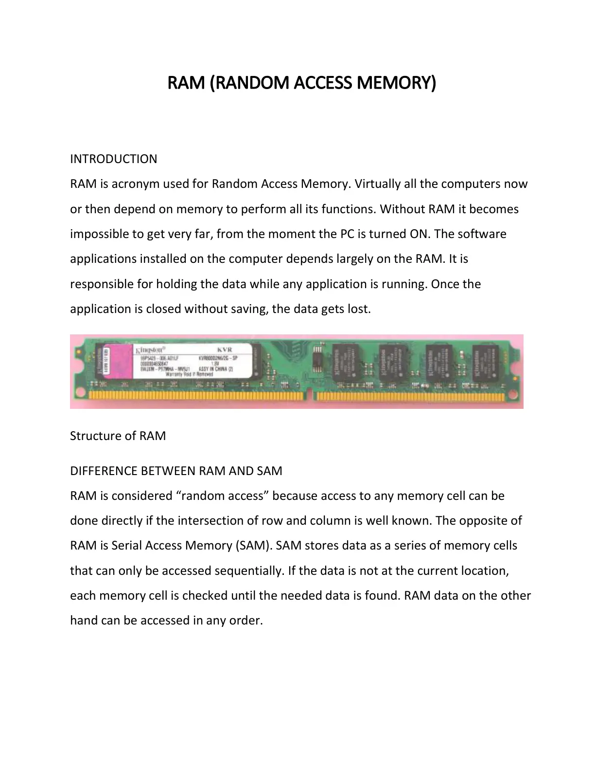 غلاف تقرير RAM (RANDOM ACCESS MEMORY) INTRODUCTION