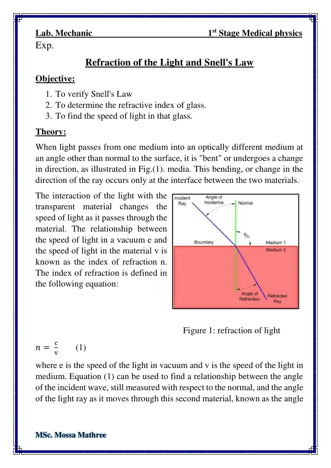 غلاف تقرير Refraction of the Light and Snell's Law