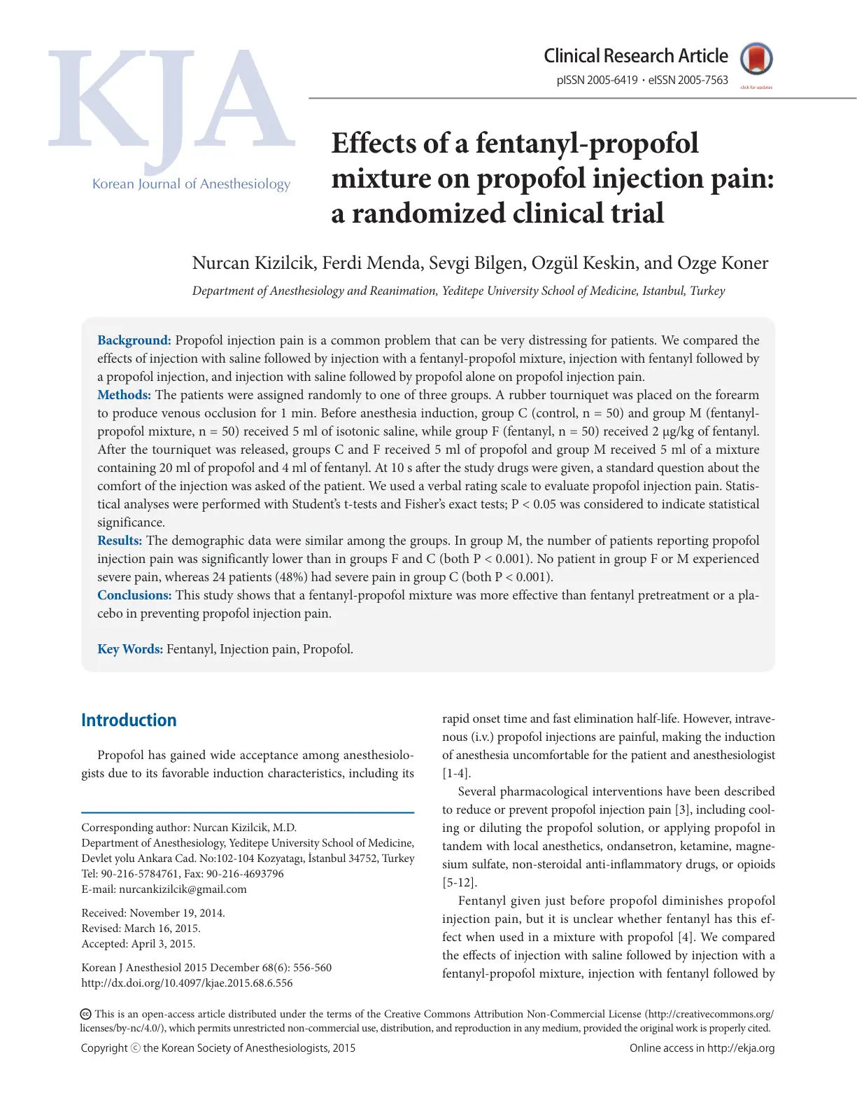 غلاف تقرير Effects of a fentanyl-propofol mixture on propofol injection pain: a randomized clinical trial