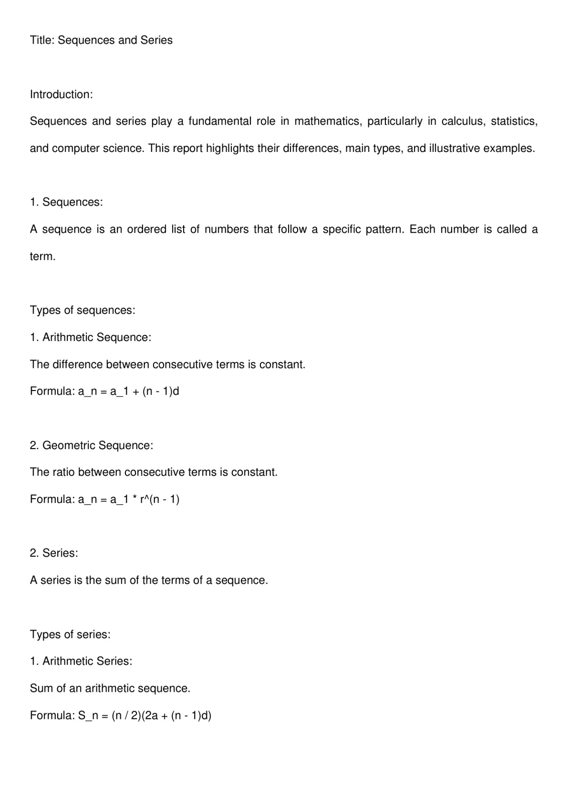 غلاف تقرير Sequences and Series