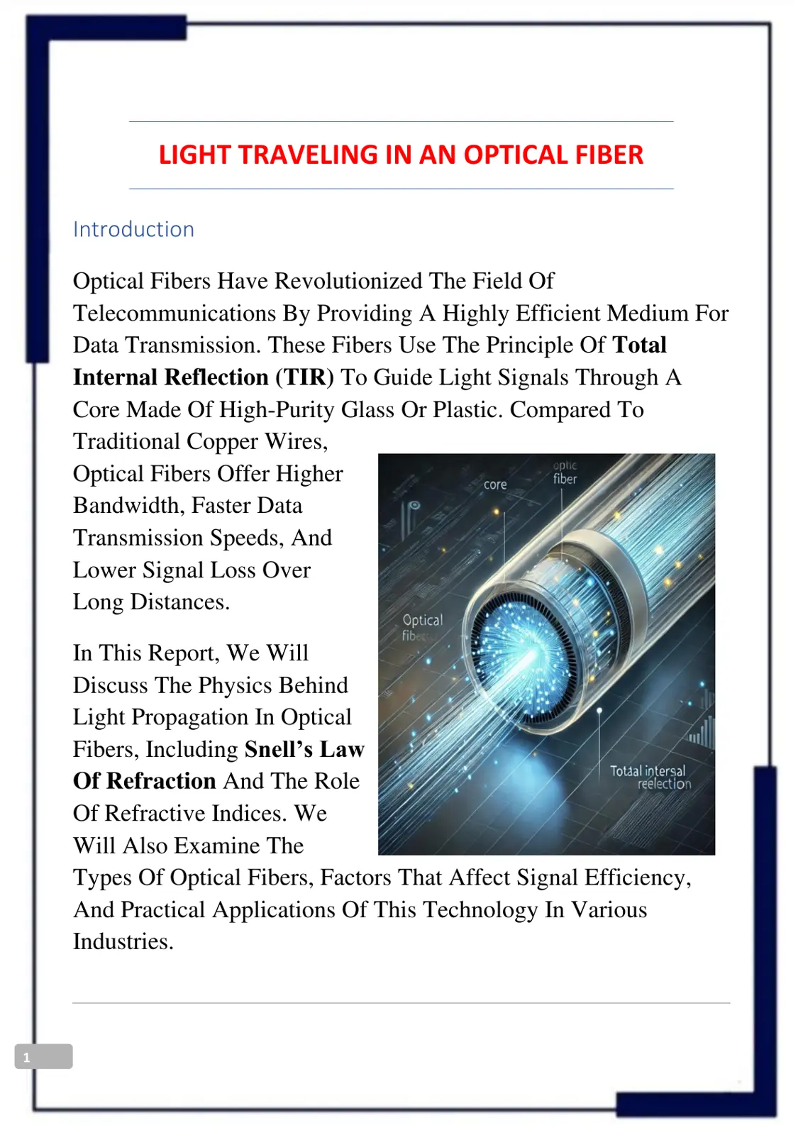 غلاف تقرير LIGHT TRAVELING IN AN OPTICAL FIBER