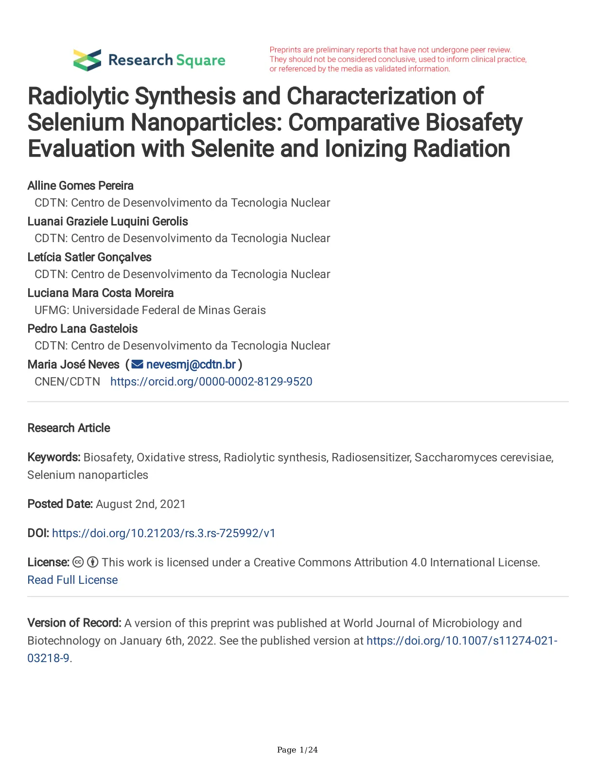 غلاف تقرير Radiolytic Synthesis and Characterization of Selenium Nanoparticles: Comparative Biosafety Evaluation with Selenite and Ionizing Radiation