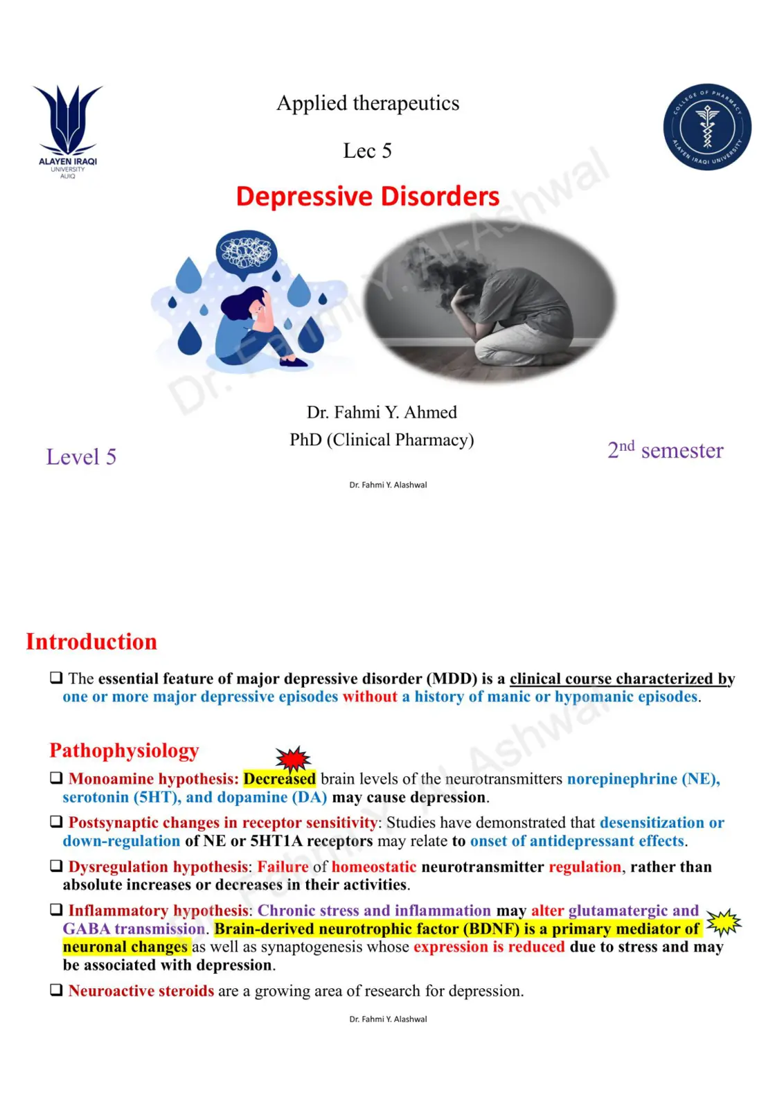 غلاف تقرير Depressive Disorders – Applied Therapeutics Lec 5