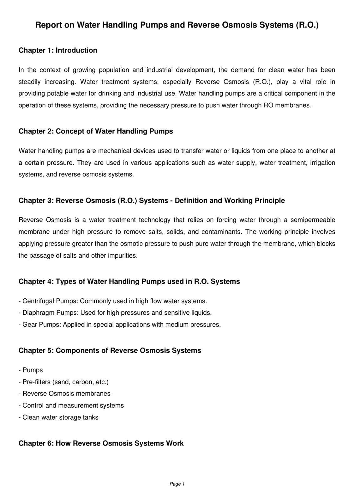 غلاف تقرير Report on Water Handling Pumps and Reverse Osmosis Systems (R.O.)
