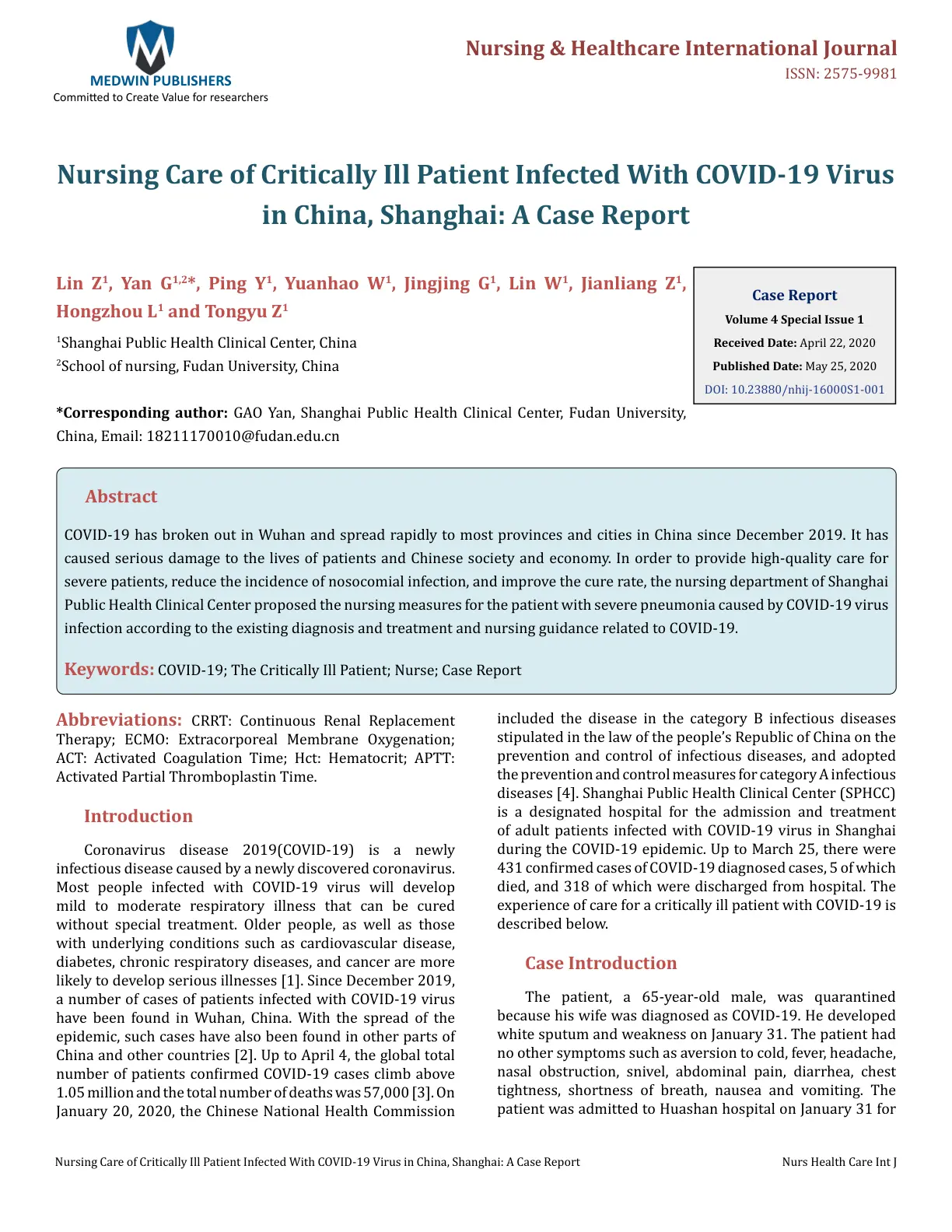 غلاف تقرير Nursing Care of Critically Ill Patient Infected With COVID-19 Virus in China, Shanghai: A Case Report